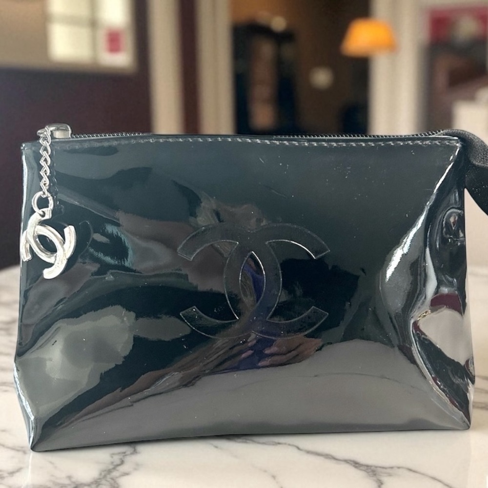 CHANEL Black Patent Leather  Cosmetic Pouch Bag